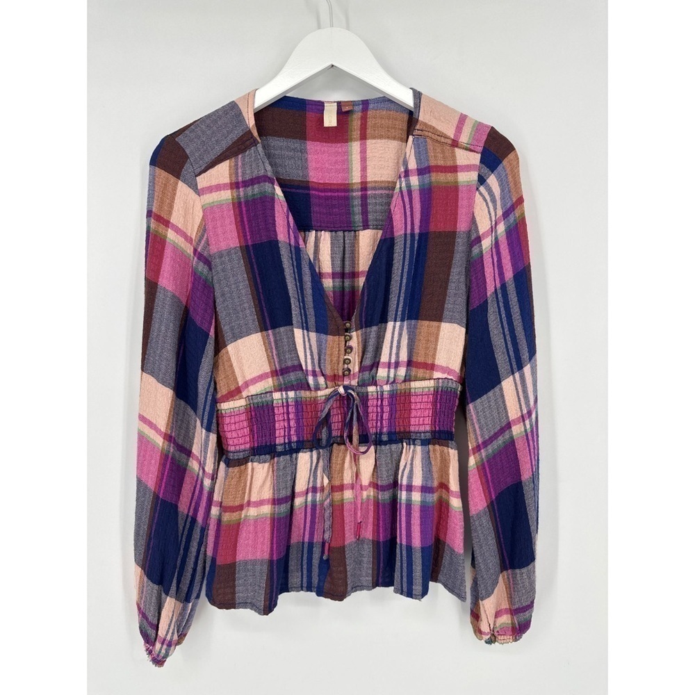 Anthropologie Pilcro Plaid V-Neck Balloon Sleeves Top